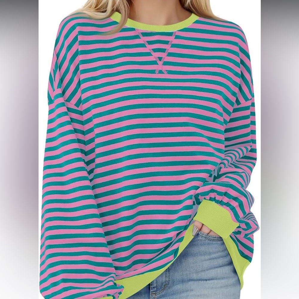 oversized striped neon teal pink striped sweatshirt womens sized medium